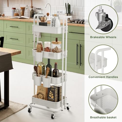 Image of DTK 4 Tier Foldable Rolling Cart, Metal Utility Cart with Lockable Wheels, Folding Storage Trolley for Living Room, Kitchen, Bathroom, Bedroom and Office, White