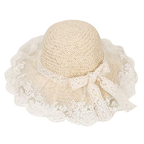 Summer Lace Straw Hats for Girls Wide Brim Floppy Beach Sun Visor Hat with lace Bowknot