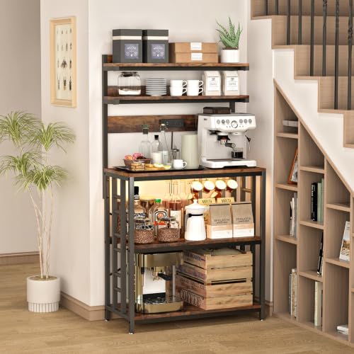 Image of Baker's Rack with Power Outlet, 5-Tier Adjustable Shelf with Storage, Brown | LED Lights,Kitchen Coffee Bar Storage,Microwave Stand with Storage,Spice Organizer for Kitchen, Dining Room and Office