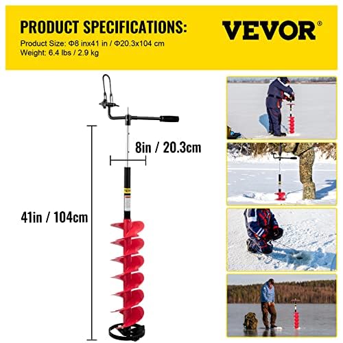 VEVOR Ice Drill Auger, 8 inch Diameter Ice Auger Bit, 41inch Length Cordless Ice Augers for Ice
