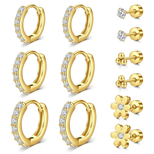 LAURITAMI Juego de 6 pares de aretes de tuerca dorados para mujer, acero inoxidable, aretes de aro de diamante con parte trasera plana, 20 g, para cartílago, tragus, joyería, Acero inoxidable
