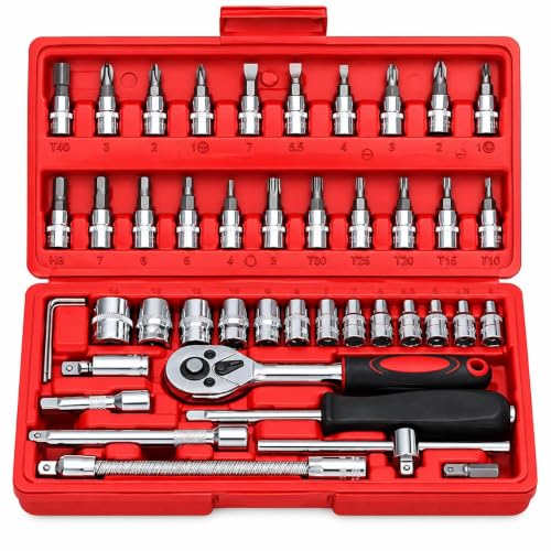 Image of 46PCS Small Drive Socket Ratchet Wrench Screwdriver Set, 1 /4 Inch Metric Socket and Ratchet Wrench Set with Extension Bar, Upgrade Compact Tool Set for Car