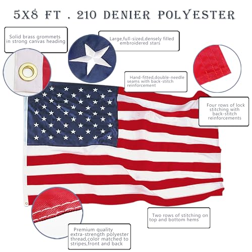 ANLEY EverStrong Series Amerykańska flaga USA 5x8 stóp Heavy Duty Nylon - Haftowane gwiazdy i szyte paski - 4 rzędy szwów - USA Banner Flagi z mosiężnymi przelotkami 5 X 8 Ft