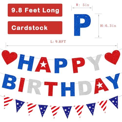 Image of 4th of July Happy Birthday Banner, Patriotic Birthday Party Decorations Pre-Assembly NO DIY Cake Banner Decorations Red Blue White Glitter Paper Letter Star Triangle Flag Garland