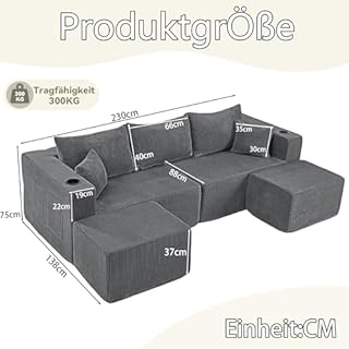 Yihomfy Canapé d'angle, Canapé Compressé avec 2 Porte-gobelets, Poche latérale et Coussins, Canapé Modulable Forme de U/L, Configuration Libre, Canapé Sectionnel en Velours Côtelé pour Salon