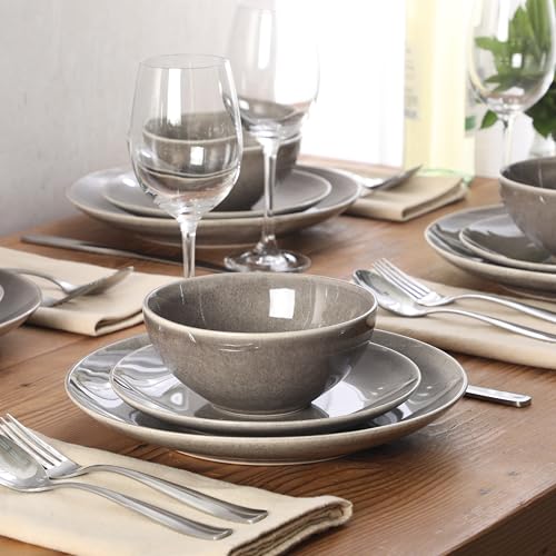 Image of Gibson Elite Castle Peak Plates and Bowls Set, 12-Piece Dinnerware Set, Grey Reactive Glaze Stoneware Dishes, Dinner Plates, Salad Plates & Cereal Bowls