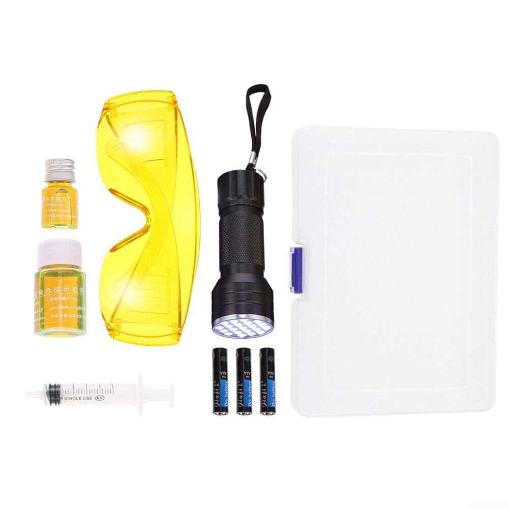 ReachMall Kit rilevatore per perdite di AC, Kit per test di perdite dell'aria condizionata dell'auto, Kit di rilevazione perdite con colorante UV per olio, Rilevato di perdite con torcia portatile