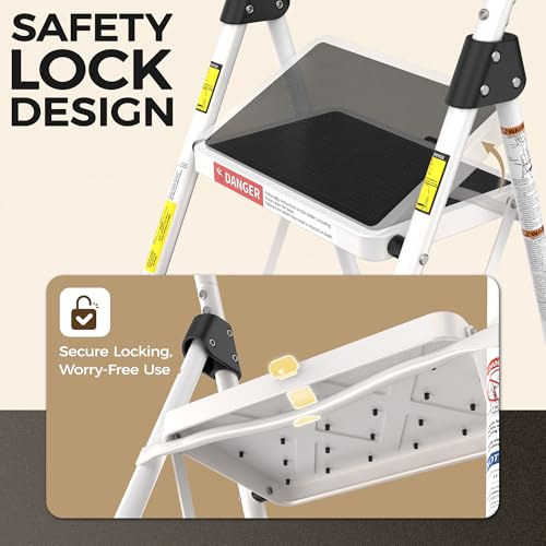 Image of HBTower 3 Step Ladder, Heavy Duty Step Stool with Anti-Slip Pedal and Feet, Folding Step Stool for Adults, Comfortable Handrail, Portable Ladder for Home Kitchen Garage Outdoor, 330 Lbs, White