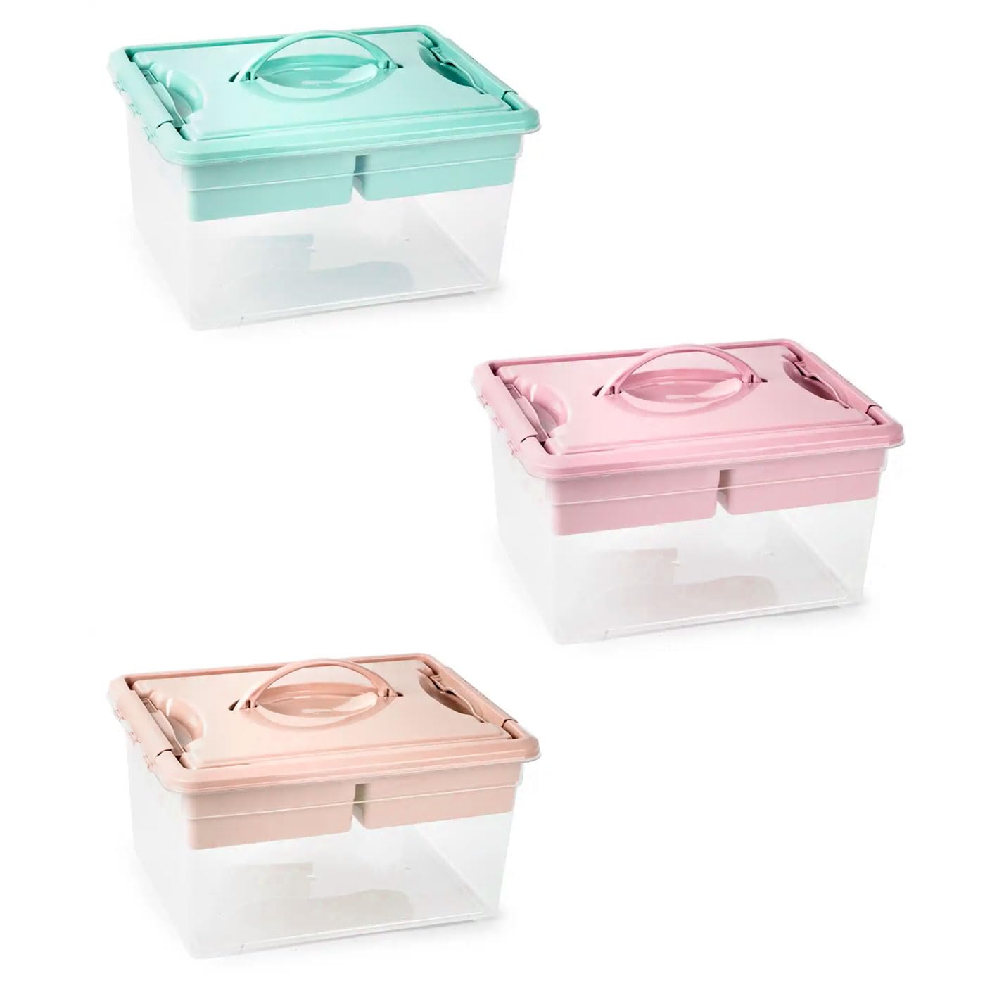 Tradineur - Confezione da 6 scatole portaoggetti con vassoio interno e manico, n. 9-12 litri, in plastica, chiusura ermetica e sicura, 18 x 34 x 27 cm, colore pastello casuale