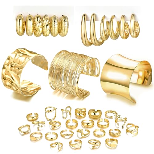 33 Pcs Chunky Gold Jewelry Set for Women Gold Plated Cuff Bracelet Hoop Earrings Stackable Open Rings Fashion Costume Jewelry