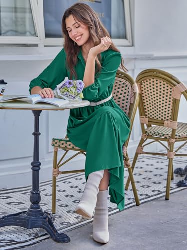 Image of Wenrine Womens Casual 3 /4 Sleeve Shirt Dress Button Down V Neck Tiered Collared Flowy Maxi Dress