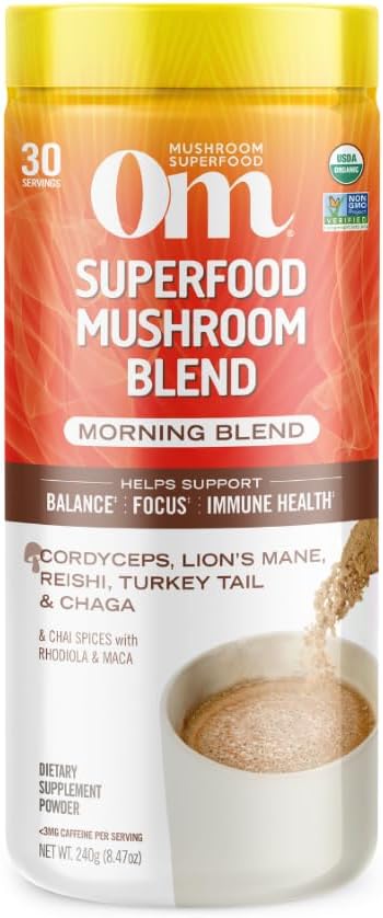 OM MUSHROOM SUPERFOOD Morning Energy Blend – Caffeine-Free Powder with Cordyceps, Lion’s Mane, Rhodiola & Vitamin D2 – Supports Energy, Focus & Endurance – 8.47 oz Canister (30 Servings) - Image 4
