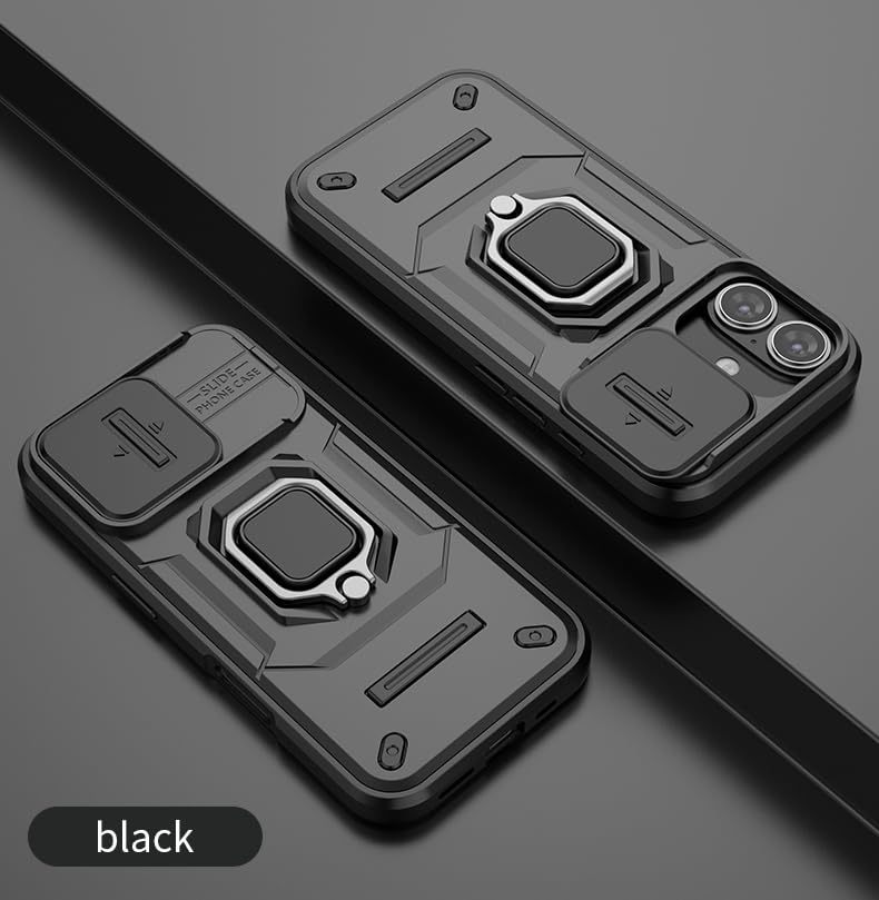 Image of TPU+PC Camshield Pro Case With Slide Camera Protection And Ring Stand Bumper Back Case Cover For iPhone 16 (Black)