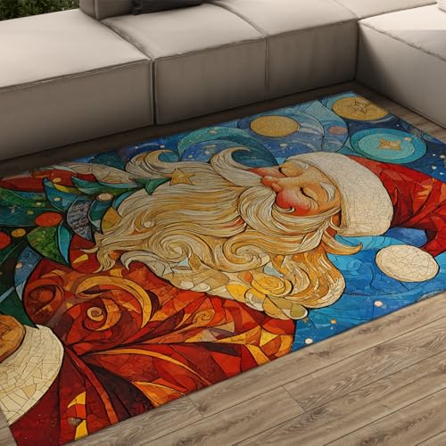 Tapis Père Noël en vitrail 180x270cm tapis de sol intérieur lavable