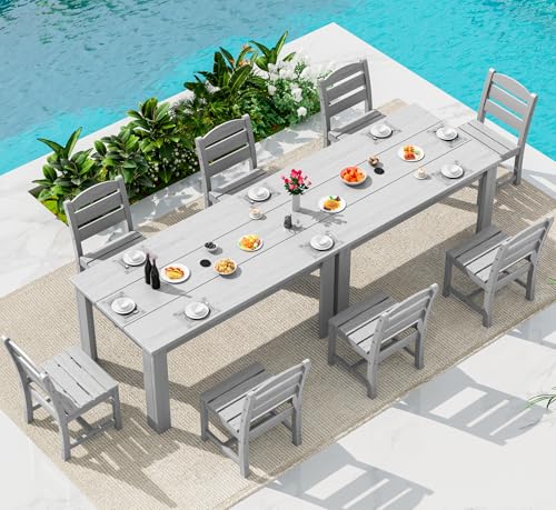 Image of SERWALL 59 inch Patio Dining Set for 8, HDPE Dining Set, Light Gray | Include 2 Rectangular Tables and 8 armless Chairs, All Weather Dining Sets for Garden, Backyard