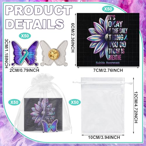 Juexica 50 Sets Suicide Awareness Favors Butterfly with Ribbon Brooch Suicide Prevention Awareness Lapel Pins Favor with Motivational Cards Organza Bags for Women Men Party Favor Supplies3