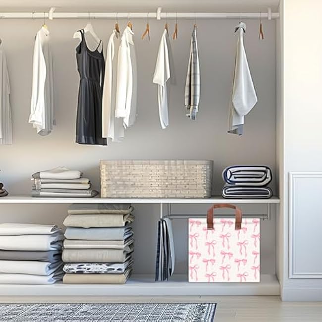 Pink Bow Storage Basket Waterproof Canvas Toy Storage Bin Coquette Room Decor Collapsible Outdoor Basket with Leather Handles Pink Bow Room Decor Blanket Baskets For Closets,Bedrooms,Gifts Baskets