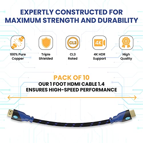 Aurum Ultra High-Speed 4K Hdmi Cable With Ethernet For Gaming And Tv - 1 Ft Braided Network Extender Hdmi Cord Supports 3D, Hdr, 1080P, Arc, Compatible With Pc Laptops Xbox Ps3 Ps4 Ps5, 10 Pack #TOP5