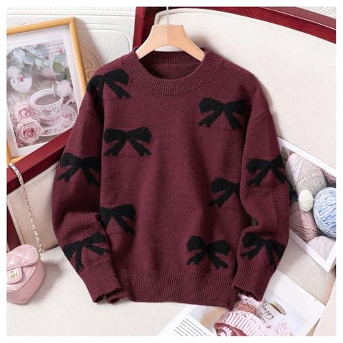 Image of BEAUDRM Girl's Cute Bow Sweater Crew Neck Long Sleeve Drop Shoulder Loose Pullover Tops