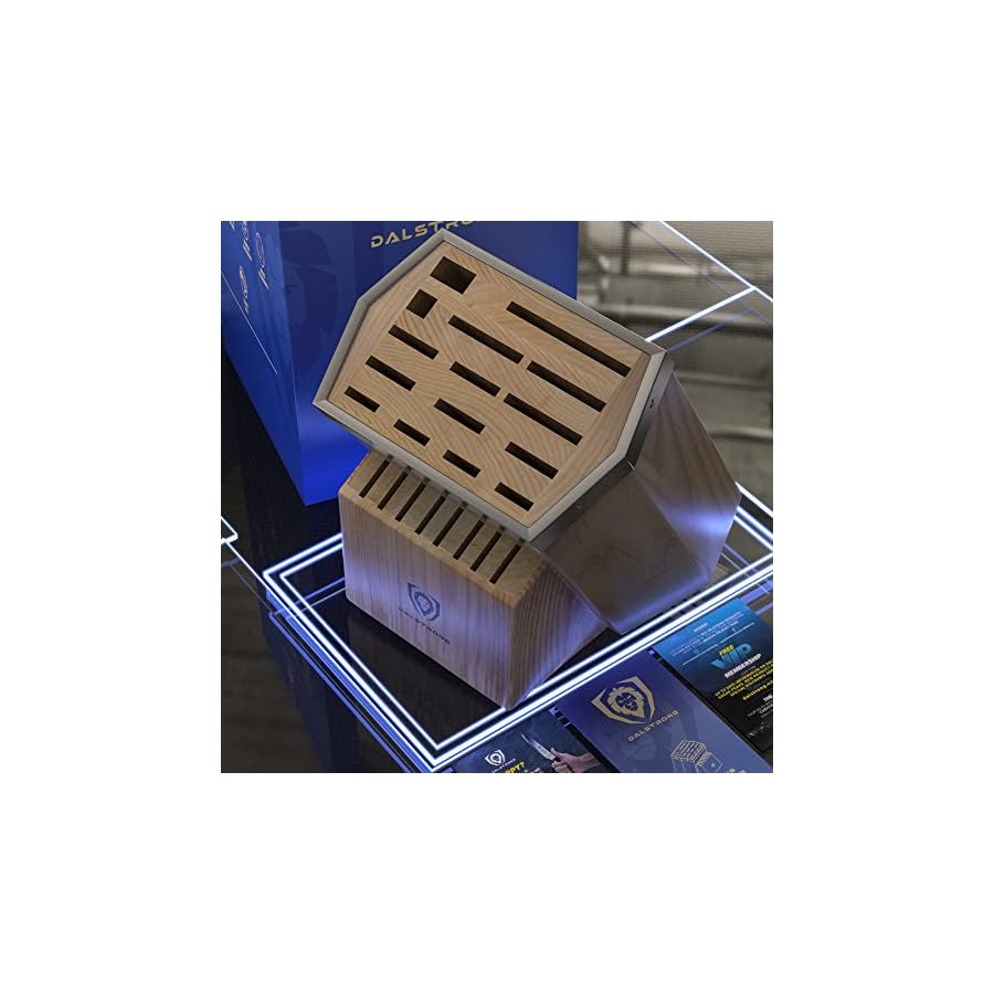 DALSTRONG-Universal-Knife-Block-23-Slots-Premium-American-Ash-Wood-Aluminum-Alloy-Rim-Kitchen-Set-Lion-Head-Logo-Badge-Premium-Craftsmanship-Knife-Set-Angled-For-Ergonomics-Cleans-Easily DALSTRONG Universal Knife Block - 23 Slots - Premium American Ash Wood - Aluminum Alloy Rim Kitchen Set - Lion Head Logo Badge - Premium Craftsmanship Knife Set - Angled For Ergonomics - Cleans Easily