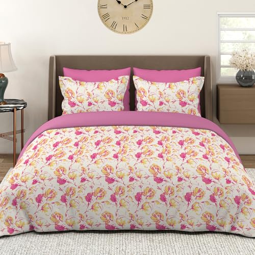 Image of Layers 100% Cotton Bedsheet for King Size Bed | Lumina Floret Collection | 144 TC Soft & Breathable | Printed with 2 Pillow Covers | Wrinkle Free & Colorfast | 3 Piece Bedding Set - Beige