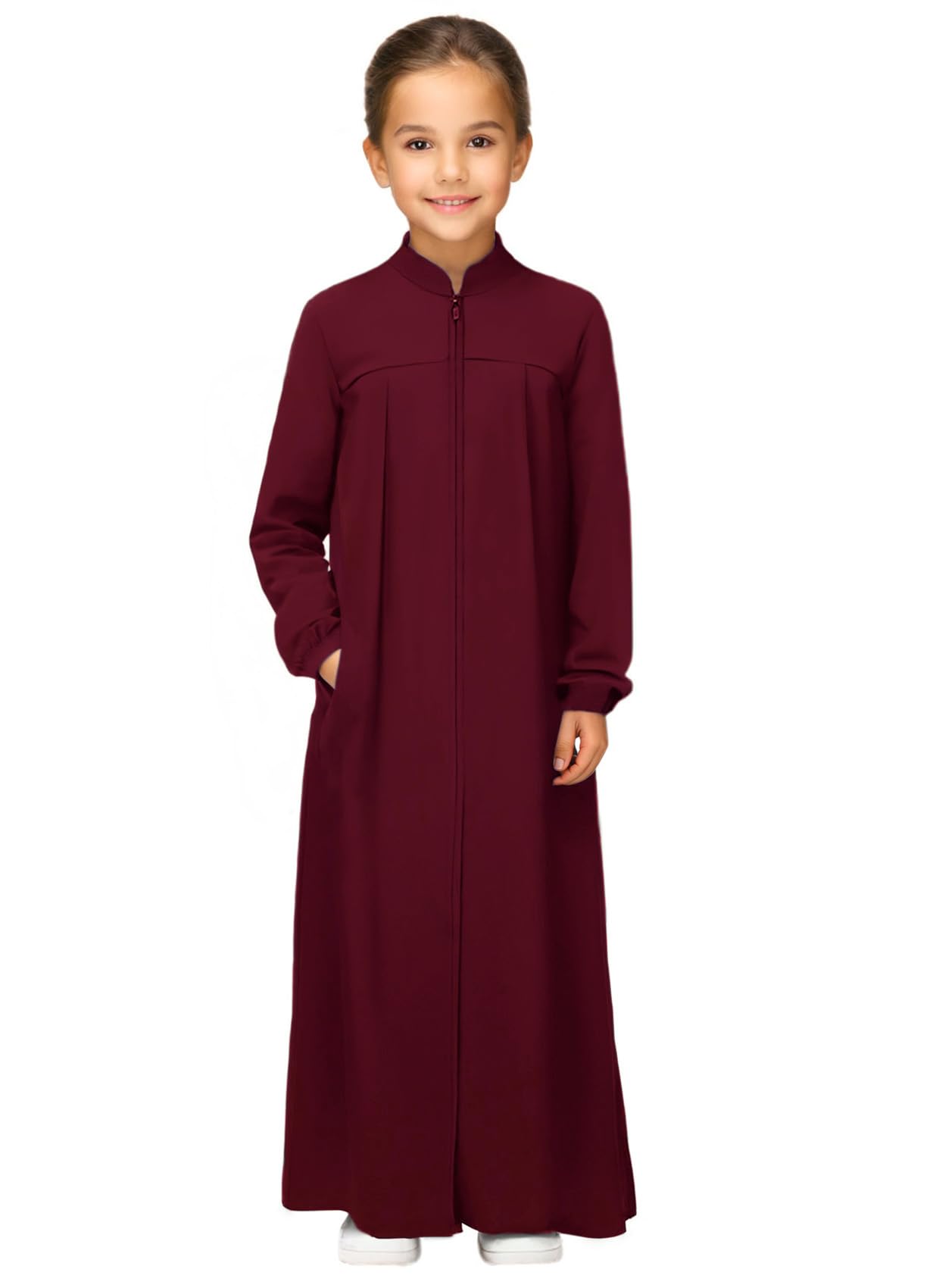 Girls Abaya Muslim Dress with Front Zipper 2 Pockets Dress Long Sleeve Solid Islamic Prayer Clothes for Kids
