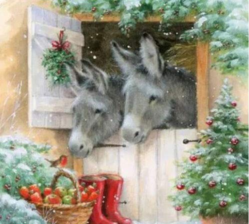 Set of 2 Individual Decoupage Paper Party Napkin DONKEYS CHRISTMAS APPLES Watercolor Decor Luncheon Napkins for a Birthday holiday, Wedding, Cocktail Party