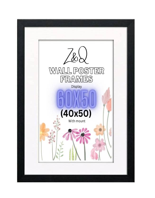 Z&Q Black Picture Frame with White Mount 60x50cm (40x50cm) Print Wall Poster Frame - Portrait and Horizontal Wall Hooks Photo Frame for Display Pictures-Jigsaw Puzzle-Art Work