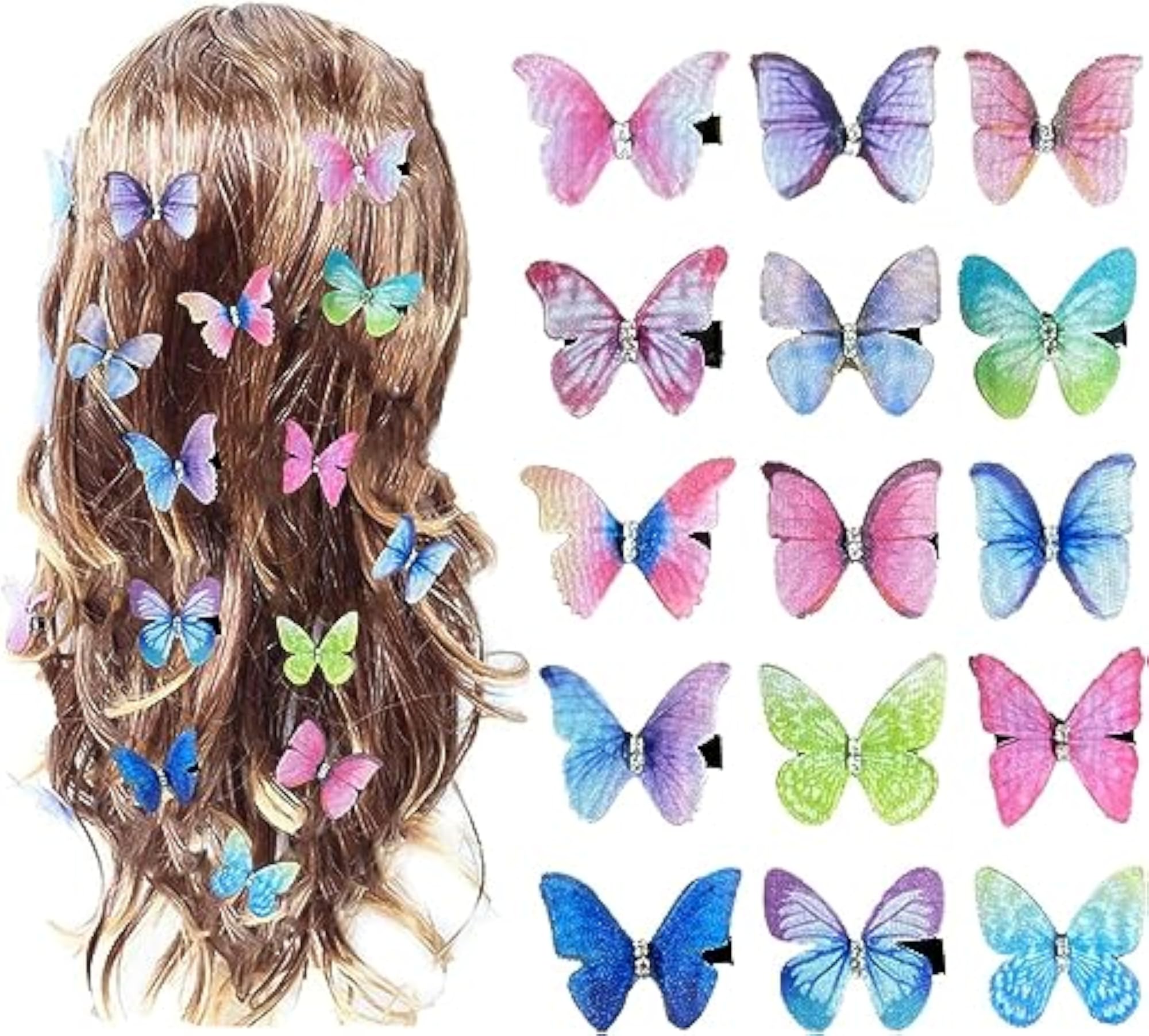 Rainbow 3D Moving Butterfly Hair Clips, Pack of 12