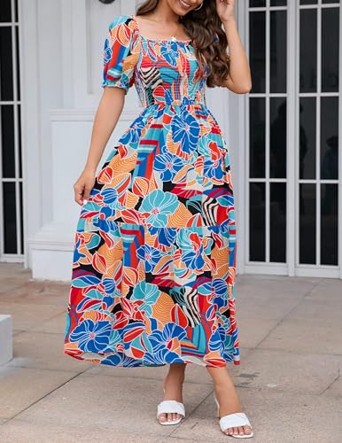 Image of ZESICA Women's 2026 Summer Boho Floral Print Dress Square Neck Ruffle Swing Beach Vacation Long Maxi Dresses