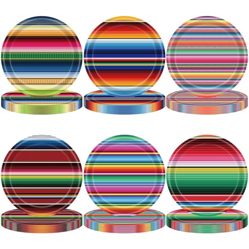 Pickmesh 48 Pcs Fiesta Paper Plates 7 Inch Mexican Party Colorful Stripes Dessert Plates Decorative Dinnerware for Cinco De Mayo Birthday Taco Party Decorations Favors