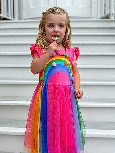 Vieille 3T Rainbow Dress for Girls Birthday Dresses 4T Rose Red Flutter Sleeve Back to School Tulle Outfits — view 3