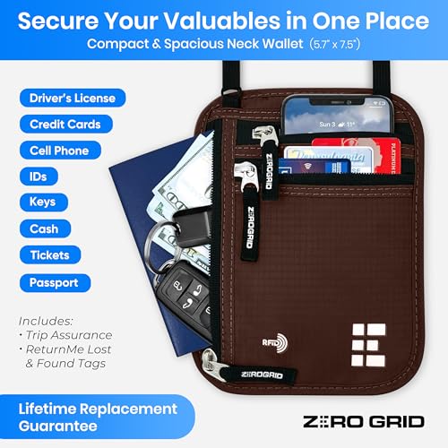 Neck Wallet for Travel & Passport Holder with RFID Blocking - Slim & Easy to Conceal Nylon Travel Pouch for men & women - Holds Phone, Cash, Cards, Keys - Sweat & Water Resistant - Large - Mocha - Thumbnail 2