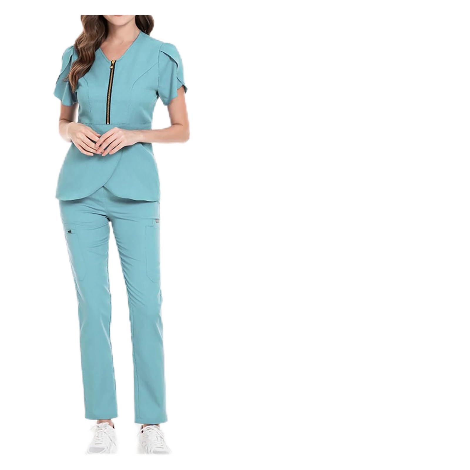 Set da Scrub for Infermiera da Donna, Scollo a V, Manica Corta, Cerniera, Volant, Pantaloni Lunghi Multicolori, Uniforme Medica, Abbigliamento da Lavoro Sanitario