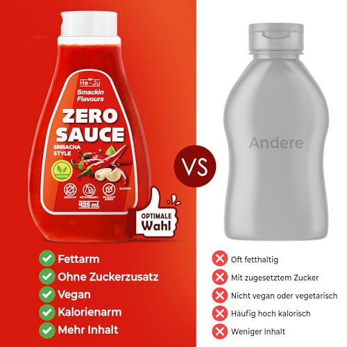 He-Ju Zero Sauce Sriracha 1x 425ml Light Sauce, ohne Fett und ohne Zuckerzusatz, vegan und glutenfrei, Keto Diät geeignet (425 ml (1er Pack), Sriracha Style)