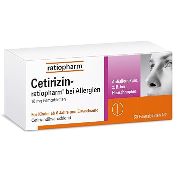 Cetirizin Ratiopharm Tablets, Pack of 50 | Relieves allergic symptoms of hay fever, year-round runny nose and hives