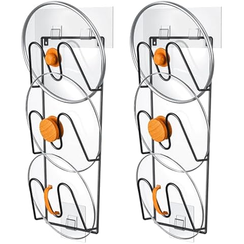 ORLESS 2 Pack Pot Lid Organizer Rack for Cabinet Door, Adhesive Pot Lid Holder Wall Mount, Rustproof Lid Cover for Pots and Pans, Lid Organizer for Kitchen Cover