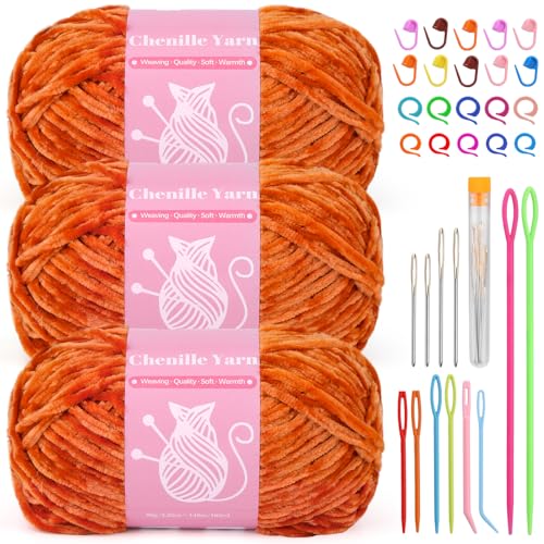Image of LUNARM Chenille Yarn for Crochet Knitting Chunky Blanket Velvet Yarn | 3 Pack 3.5oz /100g 486 Yard Orange Chenille Yarn for Beginners Knitting Scarves with Big Eye Needles Machine Washable