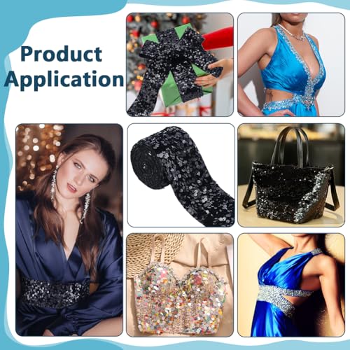 BENECREAT 3.65m/4 Yards Black Sequins Velvet Trim, 75mm/3 Inch Wdie Polyester Sequins Ribbon Sewing Trim for DIY Craft Clothing Dress Sewing Embellishment - Image 4