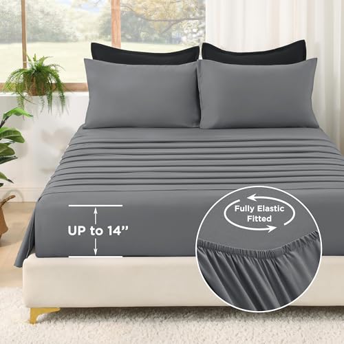 Litanika Comforter California King Size Set Black Grey - 7 Pieces Bed in a Bag California King Bedding Comforter Sets, Plain Lightweight Bed Set with Comforter, Sheets, Pillowcases & Shams