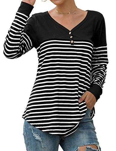 Qearal Womens Casual Long Sleeve Color Block Striped T Shirt Tunic Tops S Black S Black