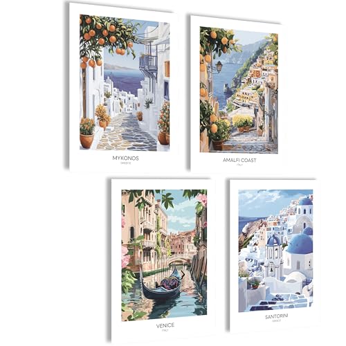 mojoliving Ensemble de posters Mykonos Santorini Amalfi Venise Affiches Grèce Images murales Italie Affiches esthétiques rétro Décoration murale Salon Images Salle de bain