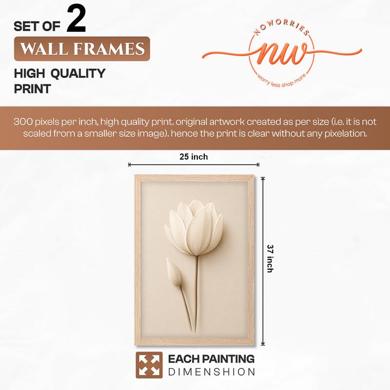 Image of NoWorries Minimal Lotus Flower Wall Painting Set of 2 with Frame | Soft White Floral & Vase Botanical Artwork, Neutral Beige Nature Wall Decor for Living Room, Bedroom, Office and Home Decoration (Art-5, 25x37inch)