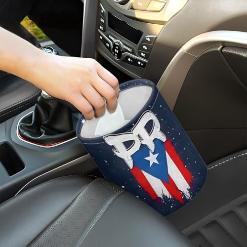 Puerto Rico Flag Car Trash Can with Adjustable Strap, Waterproof Bottom, Foldable and Portable – Ideal for Cars, Trucks, SUVs, Offices – Durable Polyester, Convenient for Organization