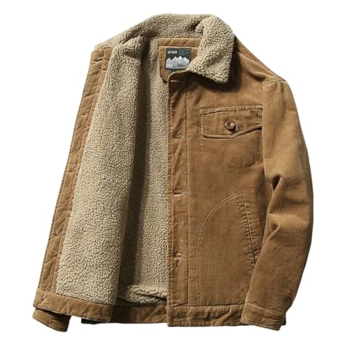 Men's Winter Plus Fleece Jacket Corduroy Tooling Casual Parka Solid Color Cotton Jacket