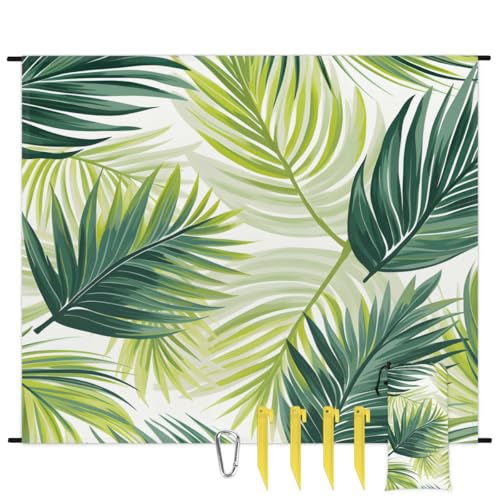Eabrults Waterproof Sandproof Beach Blanket, 59''×68'' Vegetative Polyester Outdoor Picnic Blanket with 4 Stakes & Storage Bag for Beach,Camping,Vacation Green Leaves