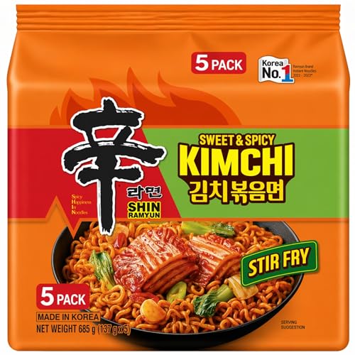 Shin Ramyun Kimchi Stir Fry Noodles Multipack 137g x 5 Pack Korean Instant Noodles Sweet & Spicy Kimchi Ramen Stir Fry Style Ramyun