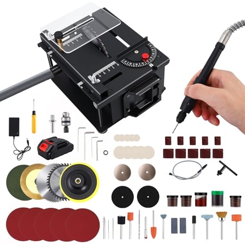 Mini Table Saw for Crafts 200W Multi-Functional Table Saw with Full Set 0-90 Angle Adjustable Portable Cordless Desktop Electric Saw for Wood Plastic Acrylic Cutting DIY Hobby Handmade Woodworking