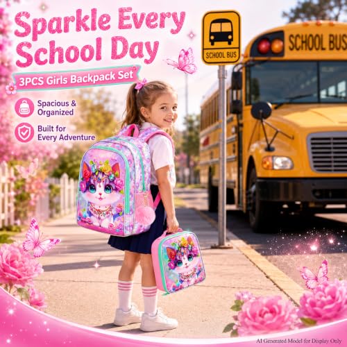 Image of 16 inch Cat Backpack for School, Girls Kids Bookbag with Lunch Box,3Pcs Backpacks for Elementary Preschool Kindergarten (Pink)