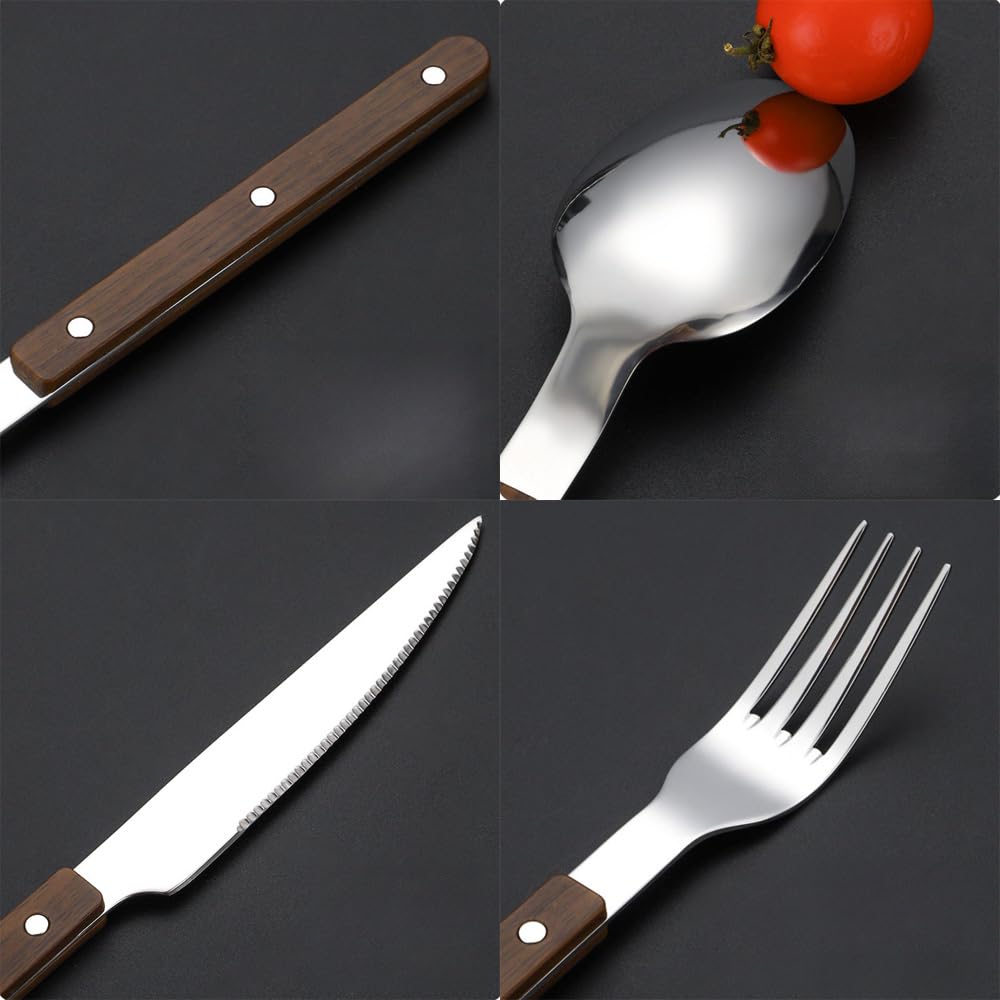 Spessa Rivetto Morsetto Manico Cucina Acciaio Inox Argenteria Stoviglie Posate Set Bistecca Coltello Forchetta Cucchiaio Cucchiaino (Marrone scuro,20 pezzi)